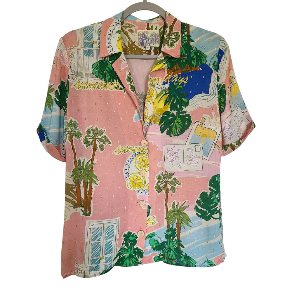 Lena Hoschek "Beach Trip" Hawaii Blouse - Lurex Shimmer Postcard Print Size S - Picture 1 of 7